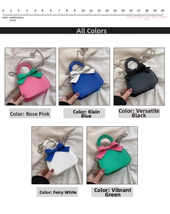 Mini PU leather handbag collection with decorative bows and silver ball chain straps