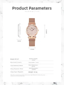 Detailed size chart for rose gold quartz watch with 32mm dial and magnetic band