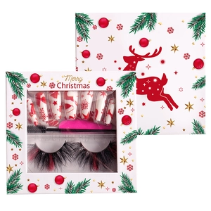 Christmas false eyelashes and press-on nails set with red and white festive holiday patterns