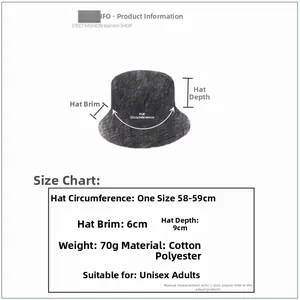 Detailed size guide for unisex cotton polyester bucket hat with 58-59cm circumference