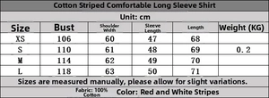Detailed size chart for the red and white striped cotton long sleeve button-up shirt