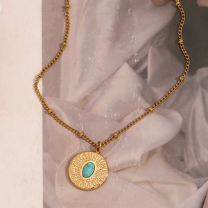 18K gold plated bead chain necklace featuring a hammered round turquoise stone pendant