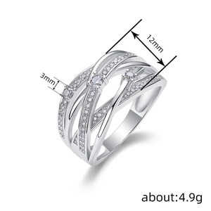 Silver multi-layer crossover ring with clear stones, 12mm width and 4.9g weight