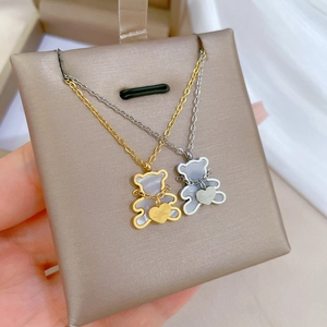 Bear Pendant Necklace Stainless Steel Mother Of Artificial Pearl Inlay Heart Charm Engraved Minimalist Jewelry For Women