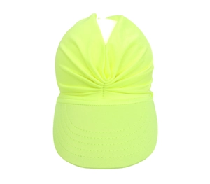 Detail showing the neon yellow breathable fabric texture and stitching of the sun visor hat
