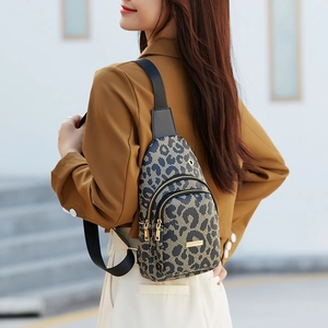 Women Chest Bag PU Leather Leopard Print Vintage Monogram Multi Zipper Adjustable Strap Casual Travel Sling Bag