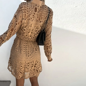 Robe en dentelle kaki à manches longues avec des détails de broderie florale ajourée