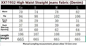 Tableau des tailles détaillé pour jeans droits taille haute avec mesures spécifiques