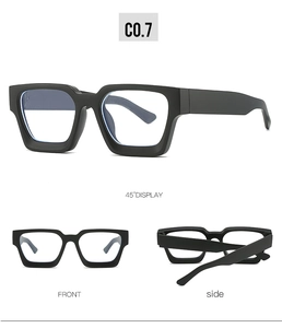 Detailed views of matte black square frames with blue light blocking lenses and 45° display