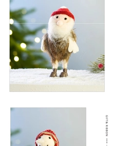 Close-up of wool felt Christmas gnome featuring a red knitted hat and white beard