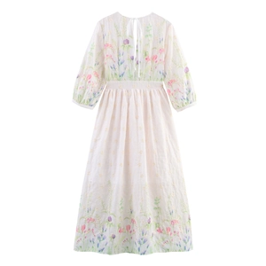 French style floral dress with puff sleeves, tie-back design and high waist A-line silhouette