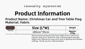 Size chart showing 180x35cm dimensions and fabric specs for Christmas car table runner