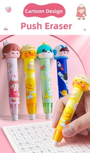 Detail of retractable cartoon pen-style erasers with soft 3D caps and pencil-shaped design