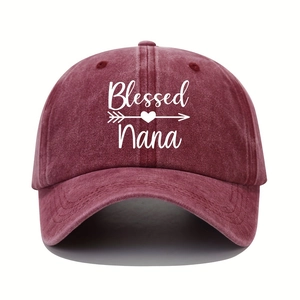 Washed burgundy cotton baseball cap featuring white Blessed Nana embroidery and heart icon