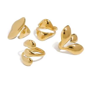 Irregular Liquid Metal Open Ring Gold Plated Stainless Steel Teardrop Geometric Minimalist Adjustable For Women