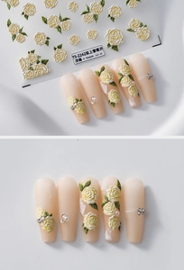 Detailed close-up of 5D embossed yellow-white rose flower nail stickers TS-2242