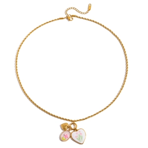 Collier en acier inoxydable plaqué or 18K avec pendentifs cœur fleuri rose et feuille