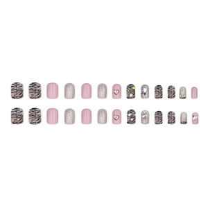 Pink heart and zebra print press-on nails set with glitter and 3D rhinestones