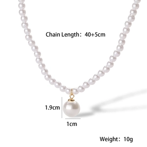 Detailed sizing chart for pearl pendant necklace showing dimensions and weight in English