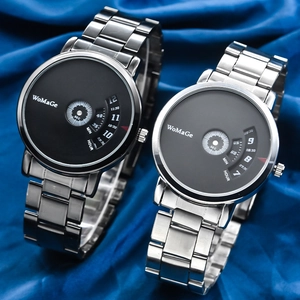 WoMaGe Fashion Rotating Disc Dial Watch Quartz Minimalist Stainless Steel Faux Leather Band Unisex Wristwatch Gift