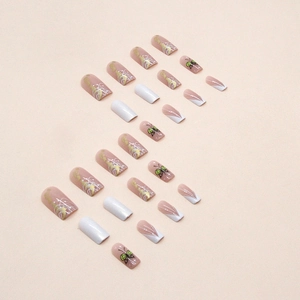 French press-on nails with gold foil, butterfly motifs and white abstract wavy lines