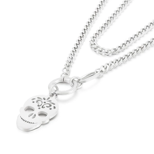 Polished stainless steel skull pendant necklace with intricate cutout patterns for men
