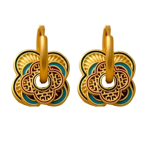New Chinese style enamel flower earrings in gold and blue with traditional pattern