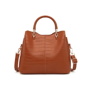 Brown crocodile embossed tote bag with gold hardware and detachable shoulder strap