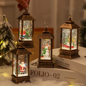 Christmas Snow Globe Lantern LED Lighted Swirling Glitter Water Lantern Vintage Bronze Santa Claus Desktop Holiday Decor