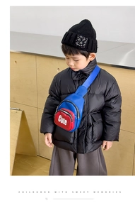 Close-up of kids chest bag with red and blue color block and Cute letter print