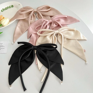 Elegant satin bow hair clip with faux pearl pendant in various colors for women