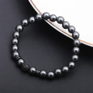 Men's hematite beaded bracelet with black micro-pave crystal ball and metallic beads
