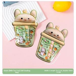 Green bubble tea shaped resealable bag with cute rabbit, size 13x17cm and 14 silk thickness