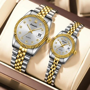 Luxury couple quartz watches with luminous calendar and diamond markers in two-tone gold
