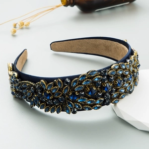 Baroque navy blue satin headband with crystals and gold leaf embroidery for women