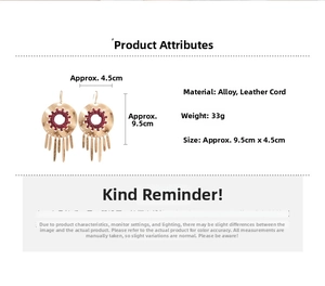 Detail of geometric hoop earrings with leather cord and metal tassels, 9.5x4.5cm size
