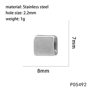 Macro view of stainless steel square bead connector showing dimensions and 2.2mm hole size