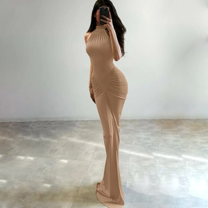 Detail view of khaki bodycon maxi dress with halter neckline and waist pleats