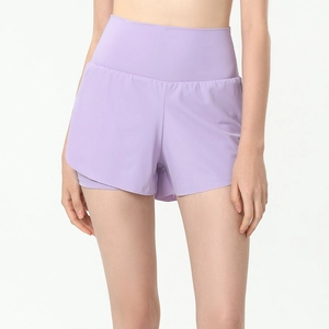 Short de sport lavande à taille haute respirant avec design double couche anti-exposition