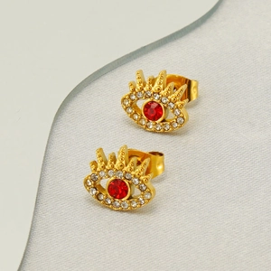 Golden Evil Eye stud earrings with red stone and white zircons in stainless steel
