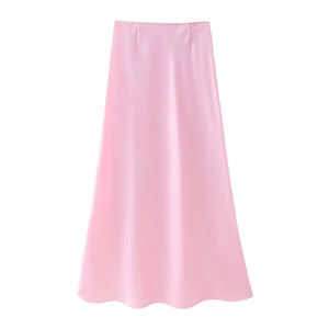 Pink satin A-line midi skirt with smooth texture and elegant drape for office wear