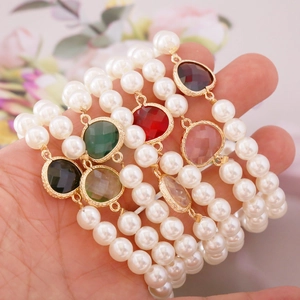 Artificial Pearl Beaded Bracelet With Heart Glass Gemstone Pendant Elastic Stretch Retro Elegant Jewelry For Women