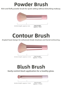 Detailed dimensions for the 3-piece peach pink makeup brush set with dimensions