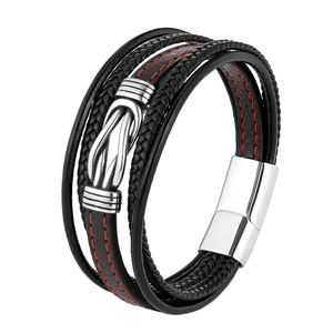 Mehrlagiges Geflochtenes Lederarmband Für Herren Mit 316L Edelstahl Magnetverschluss Infinity Knoten Rote Nähte Schmuck