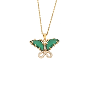 Elegant gold stainless steel butterfly necklace with green stones and sparkling zirconias