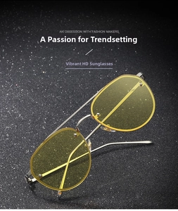 Detail view of yellow HD lenses on metal frame sunglasses with high color definition