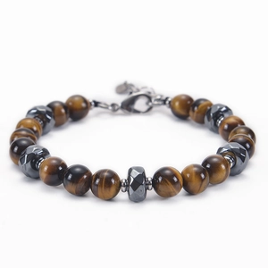 Handmade tiger eye stone beaded bracelet with faceted metal beads and lobster clasp