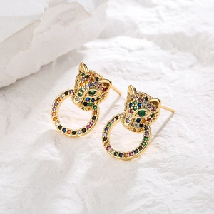 Hip hop 18K gold plated leopard head stud earrings with multicolored zircon pavé