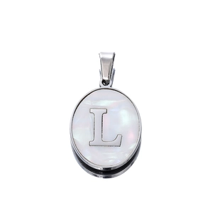 Detailed macro view of 22mm oval stainless steel pendant with white shell and letter L