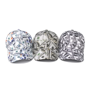 Three-pack baseball caps featuring all-over dollar bill prints in multiple colors